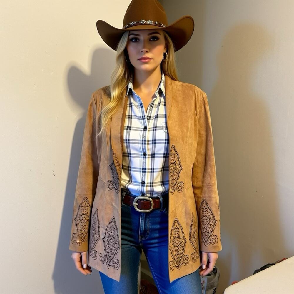 MargaretGodfrey Suede Western Core Jacket Women 6 Tan LaserCut GenuineLeather